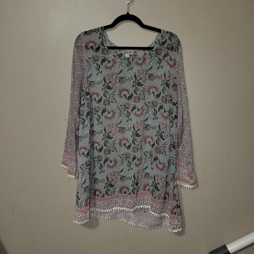 ONE WORLD Light Blue Floral Boho Blouse with Pink Accents